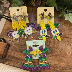 Mardi Gras Jester Seed Bead Post Back Earrings