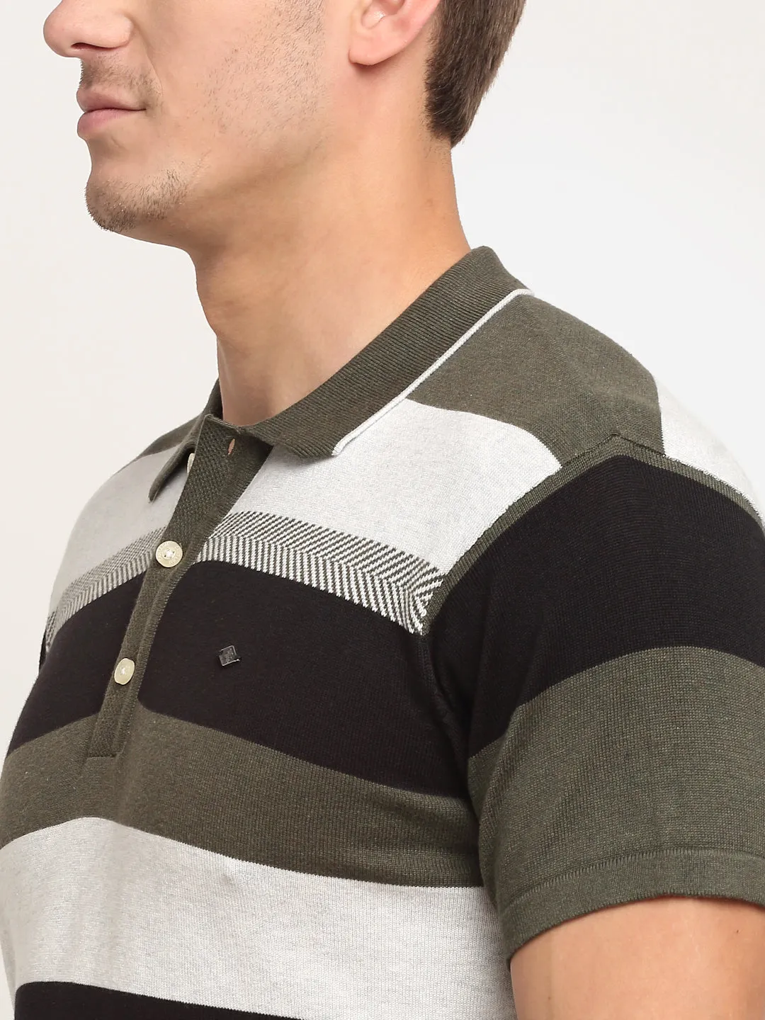 Men's Olive Green Stripe Polo neck Half Sleeve T-Shirt