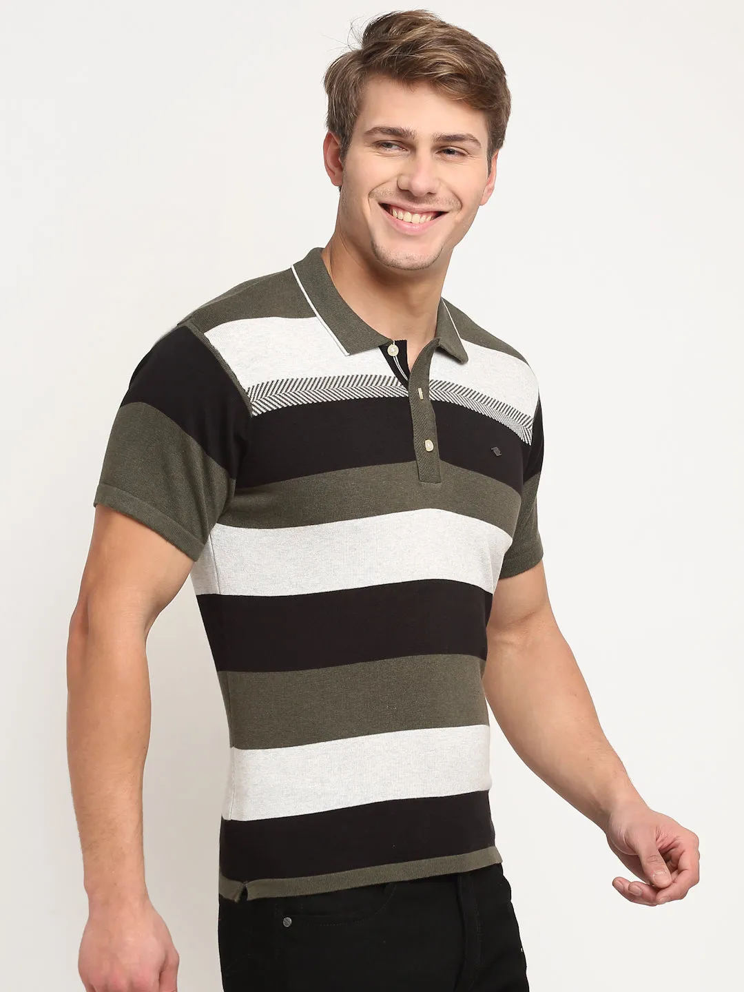 Men's Olive Green Stripe Polo neck Half Sleeve T-Shirt