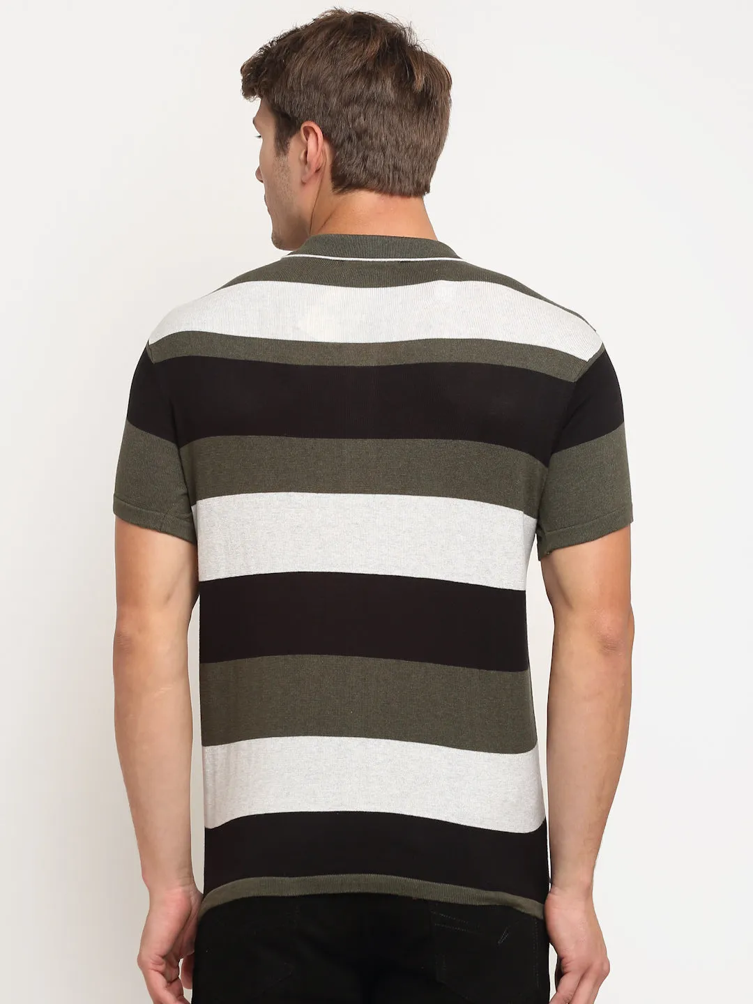 Men's Olive Green Stripe Polo neck Half Sleeve T-Shirt