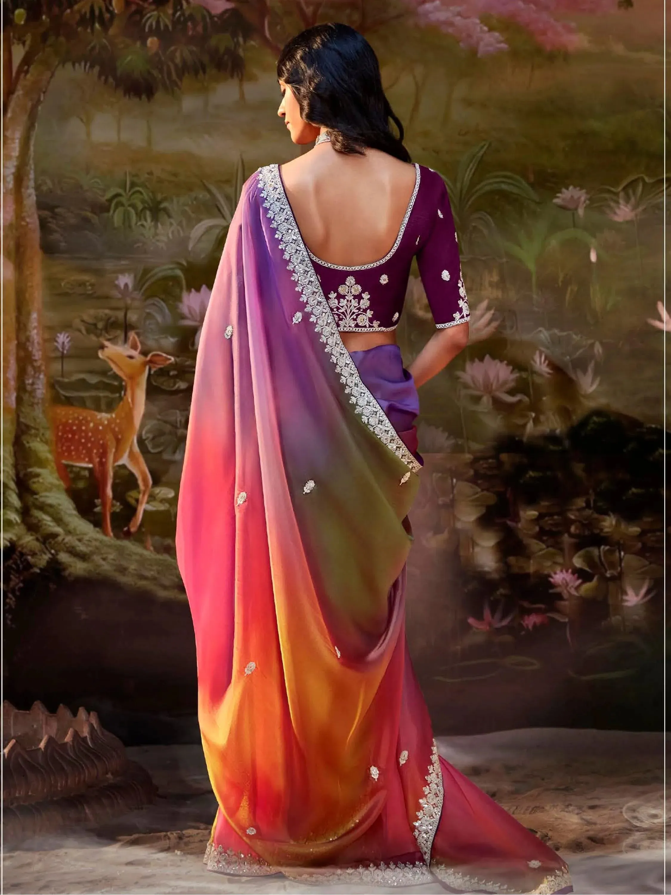 Multi Colored Organza Sequins Worked Festival Wear Designer Saree
