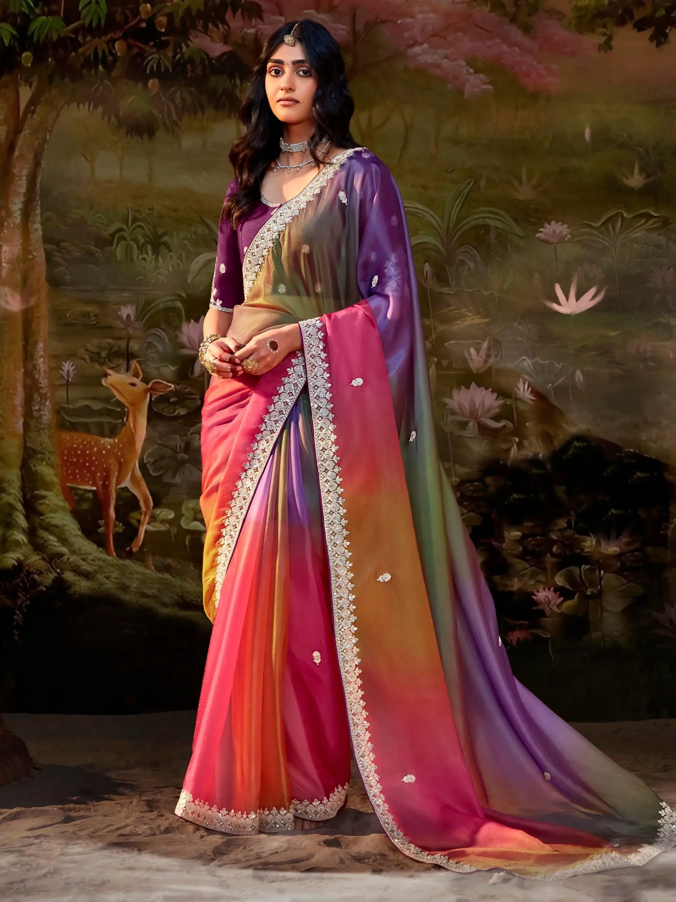 Multi Colored Organza Sequins Worked Festival Wear Designer Saree