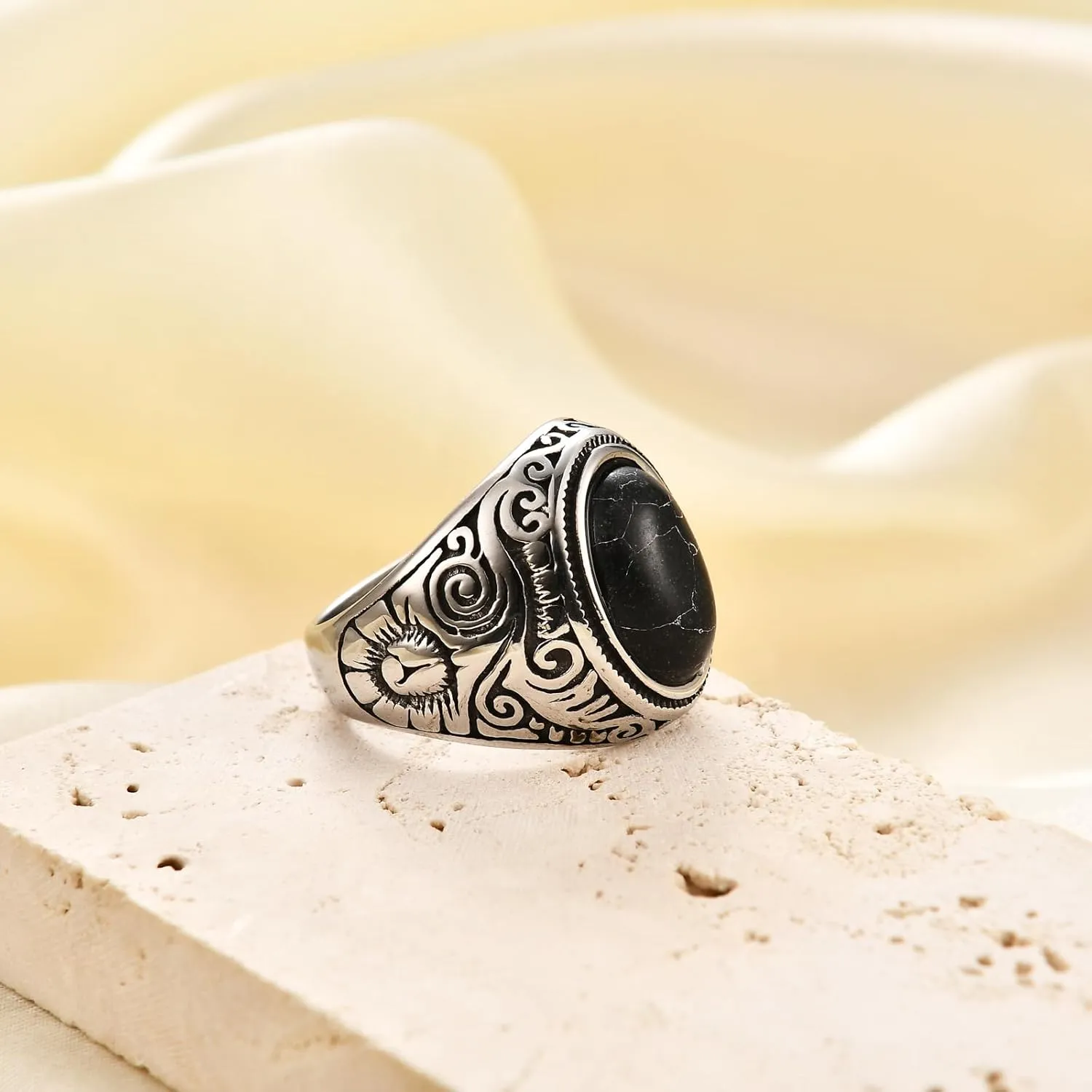 MYNENEY Retro Vintage Stone Rings for Men Turquoise Rings Stainless Steel Signet Biker Band
