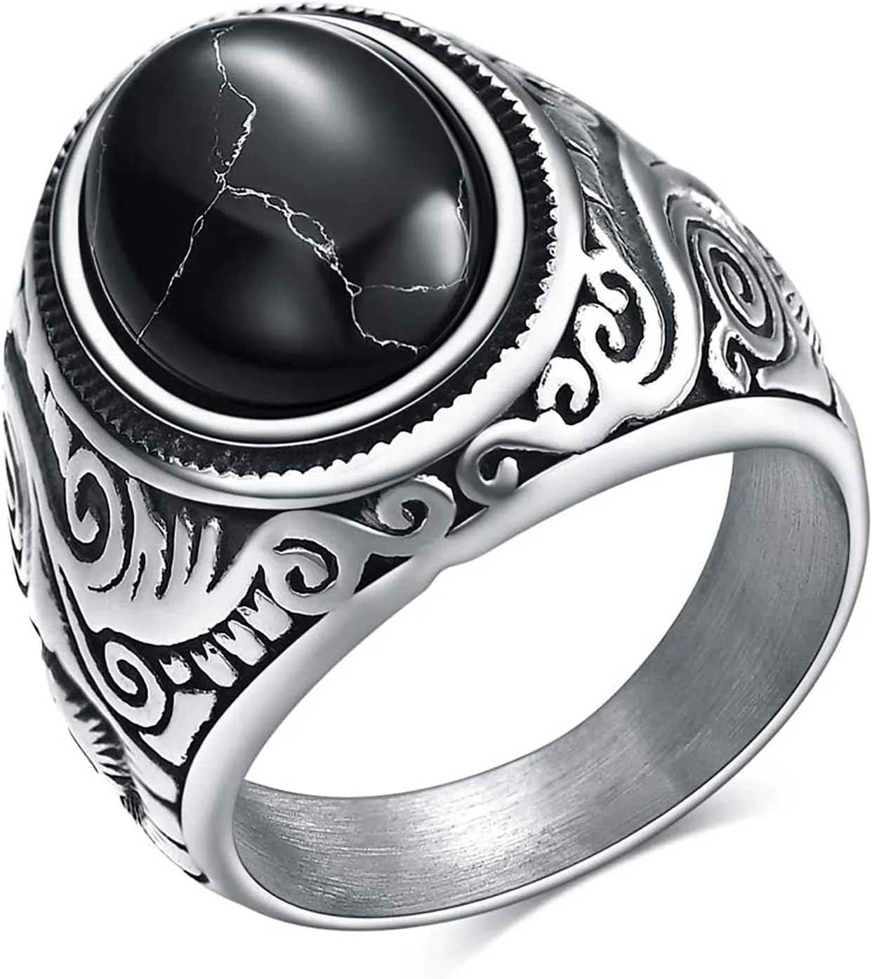 MYNENEY Retro Vintage Stone Rings for Men Turquoise Rings Stainless Steel Signet Biker Band