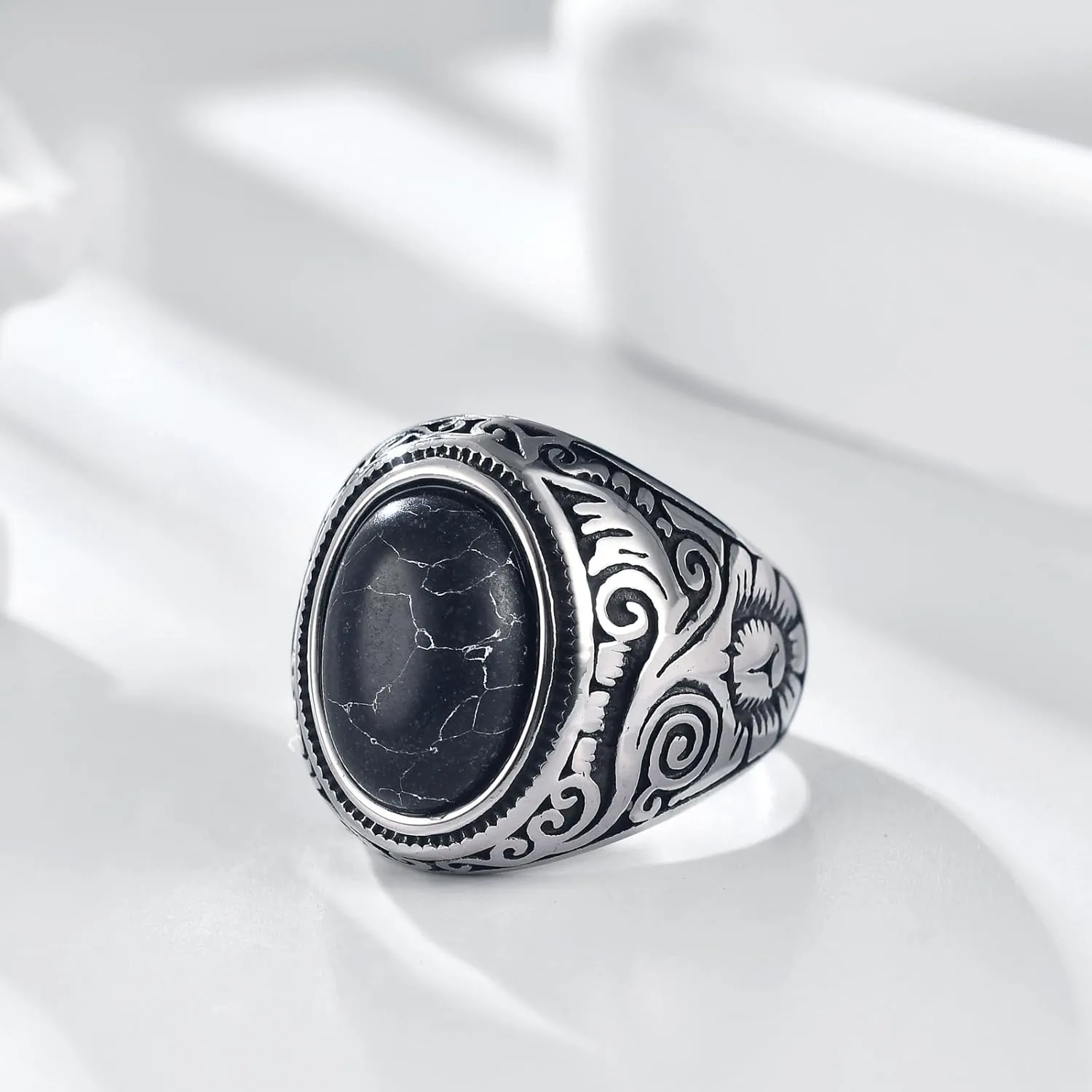 MYNENEY Retro Vintage Stone Rings for Men Turquoise Rings Stainless Steel Signet Biker Band