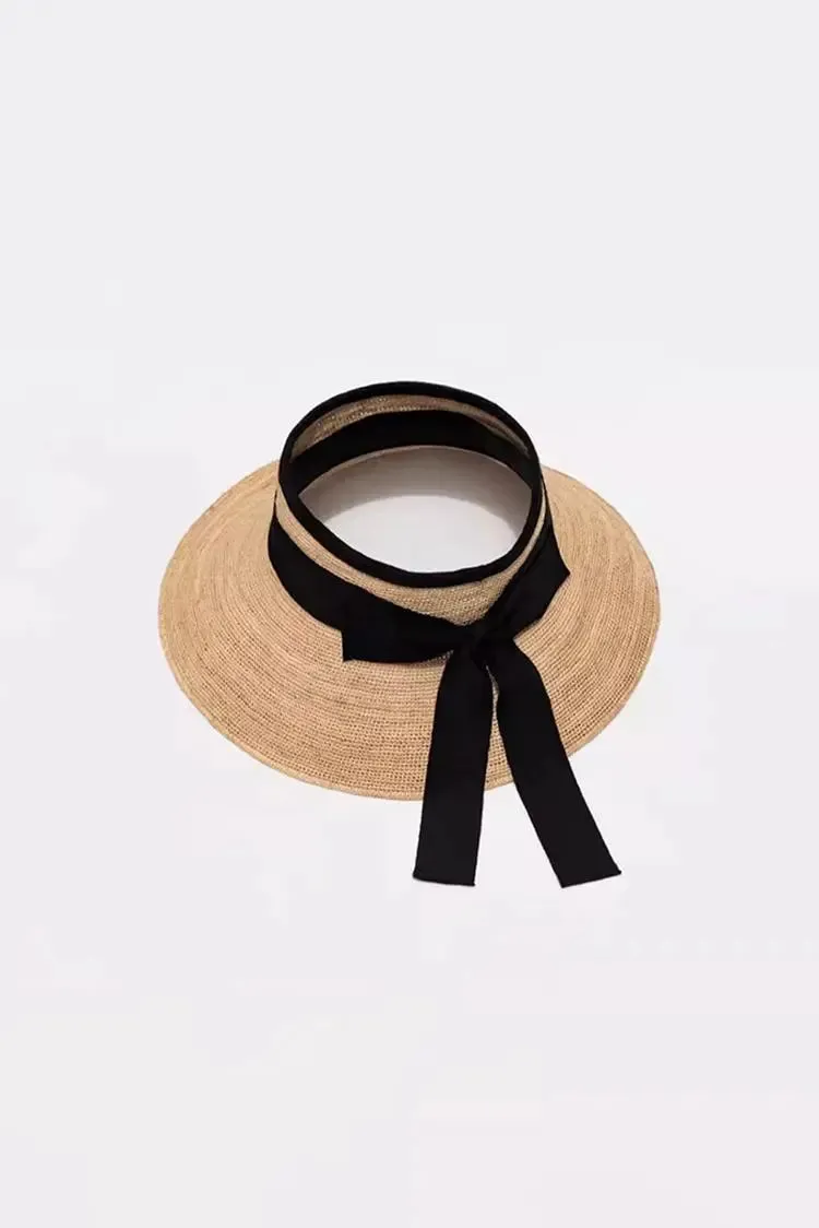 Packable Wrap-around Straw Sun Visor with Bow
