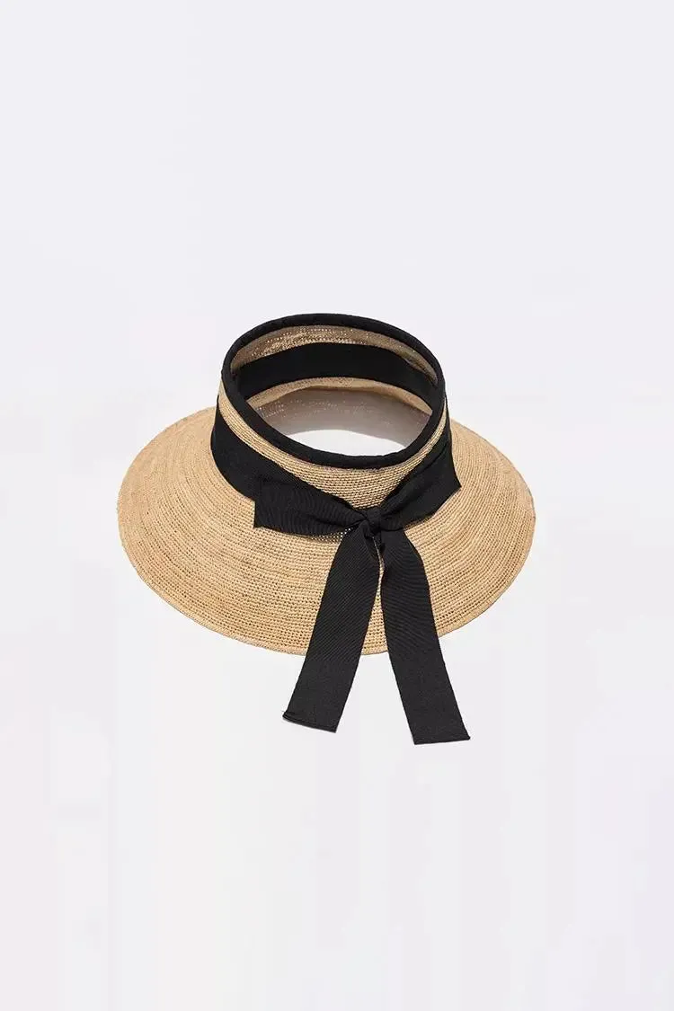 Packable Wrap-around Straw Sun Visor with Bow