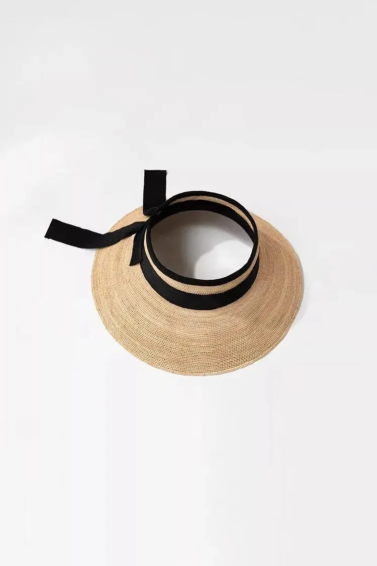 Packable Wrap-around Straw Sun Visor with Bow