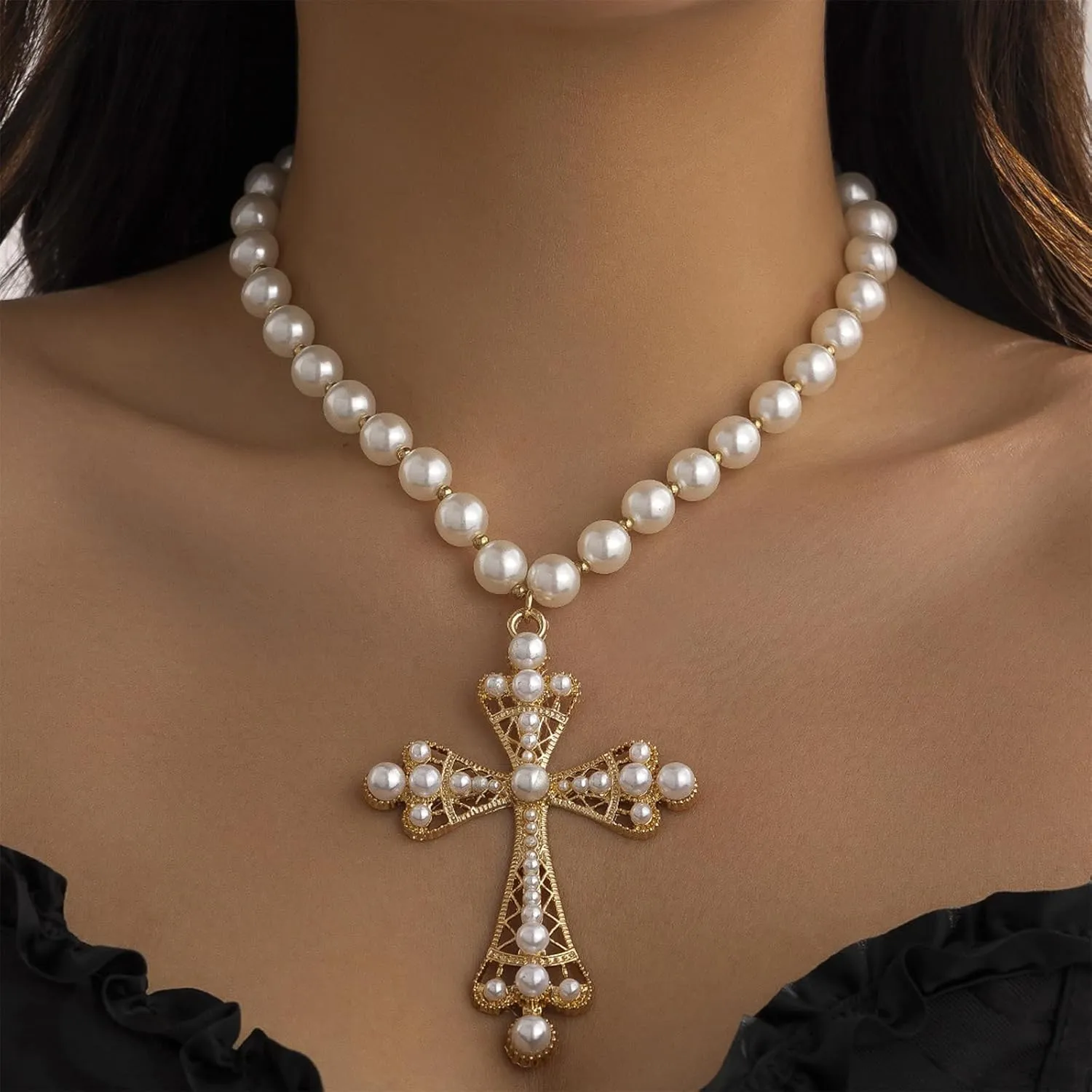 Pearl Cross Necklace Big Cross Pendants Necklaces for Women Chunky Pearl Necklace Gothic Cross Necklace Punk Vintage Cross Jewelry Women