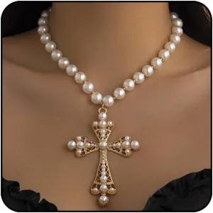 Pearl Cross Necklace Big Cross Pendants Necklaces for Women Chunky Pearl Necklace Gothic Cross Necklace Punk Vintage Cross Jewelry Women