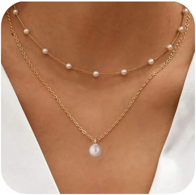 Pearl Layered Necklaces for Women, 14K Dainty Gold Necklace Pearl Cross Necklace Layering Chain Choker Jewelry Gift