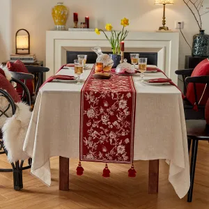 Ruby Oriental Red Floral Tassel Custom Table Runner