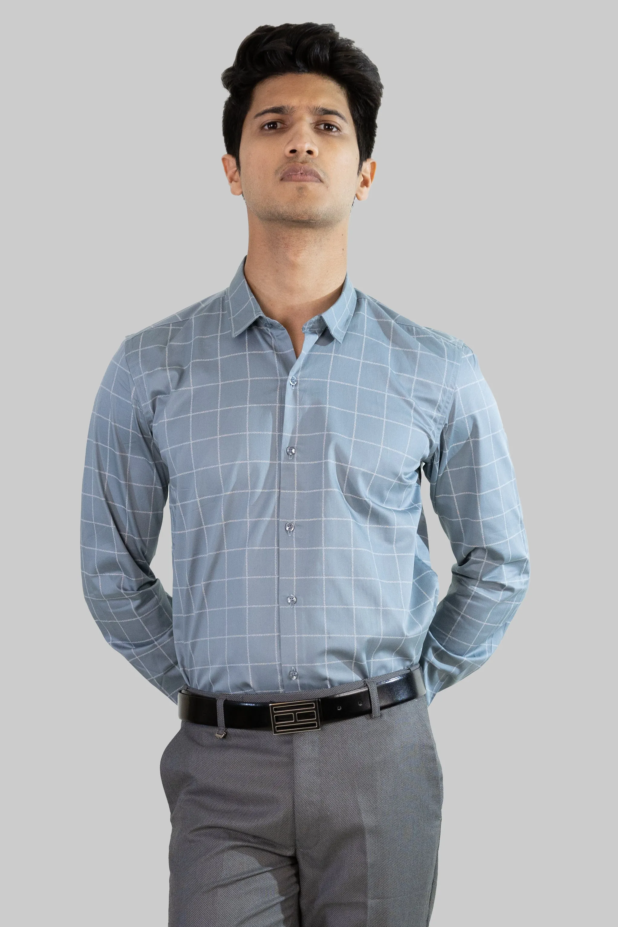Satin Grid Shirt - Sky Blue