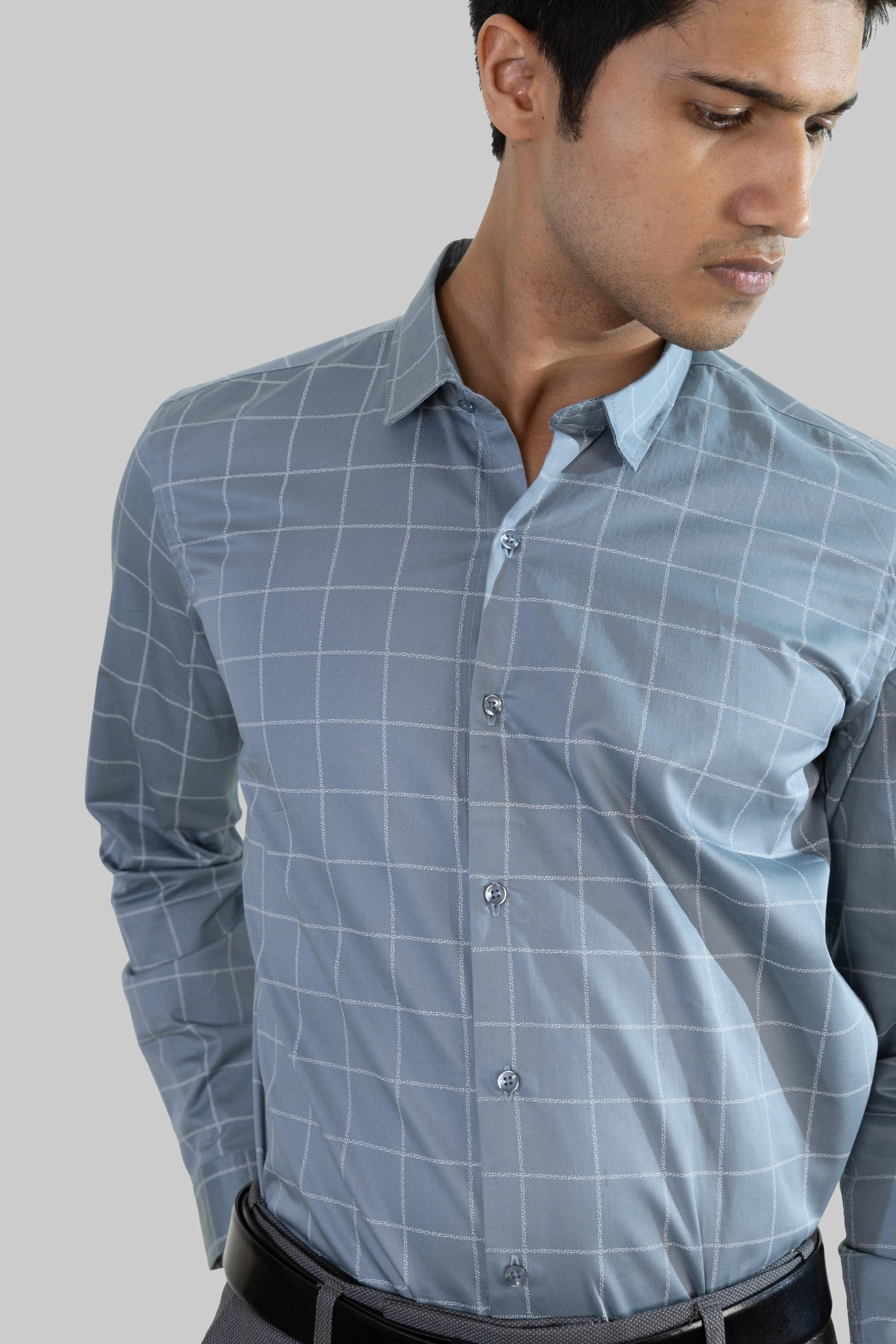 Satin Grid Shirt - Sky Blue