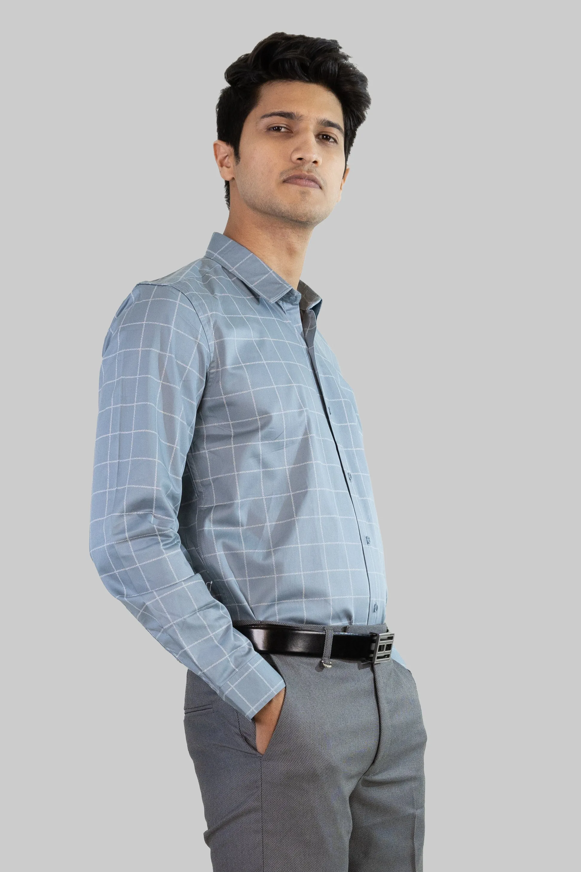 Satin Grid Shirt - Sky Blue