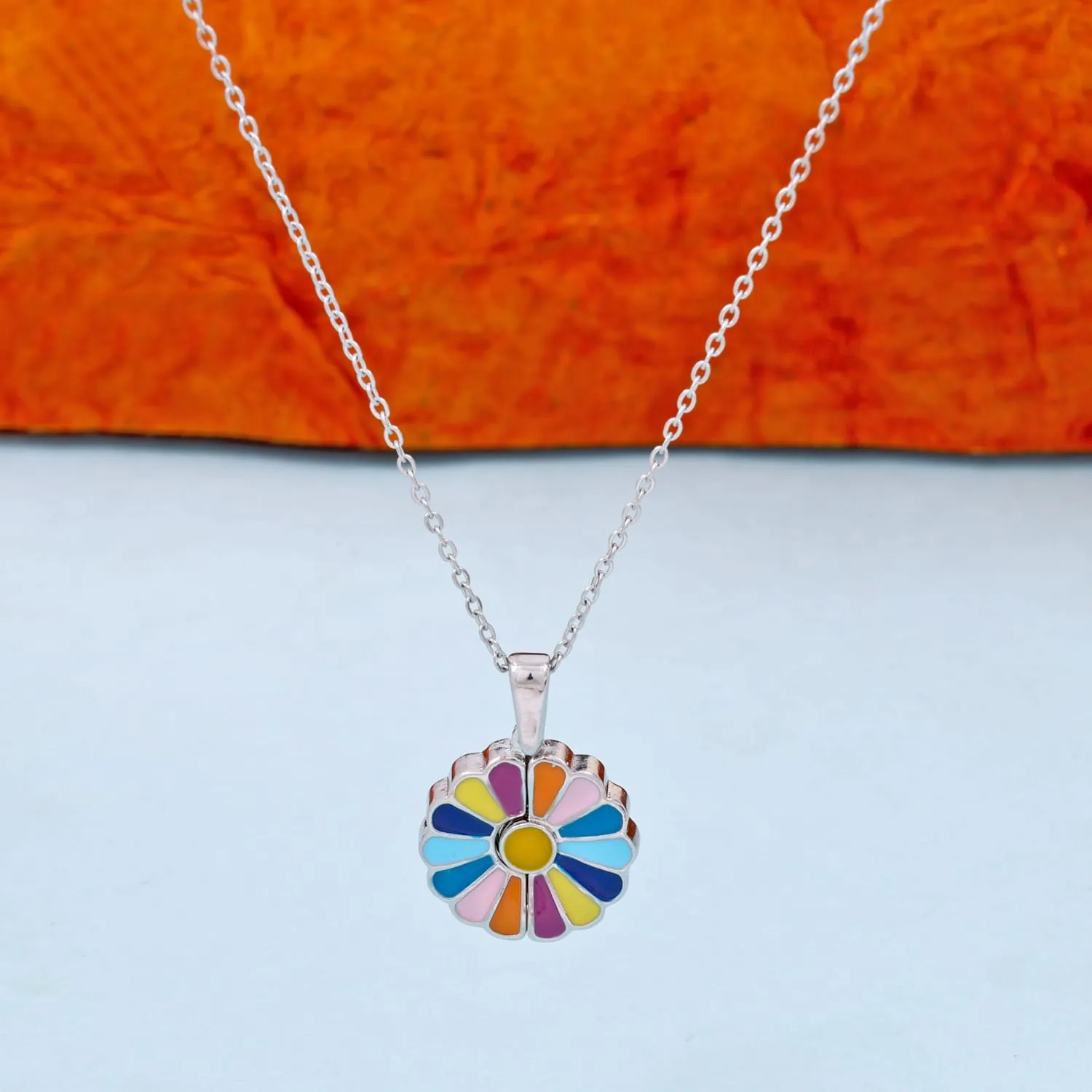 Silver Plated Rainbow Sunflower Pendant Necklace