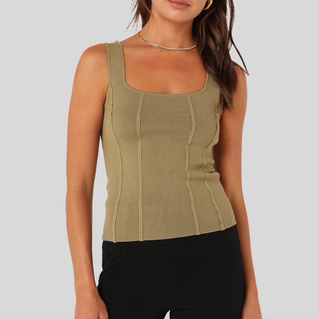 Stretch Knit Square Neck Tank Top - Sage