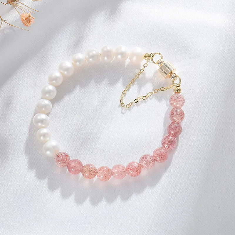 Symmetrical Design Crystal Pearl Bracelet with Natural Strawberry, Sterling Silver and Playful Sweet Style