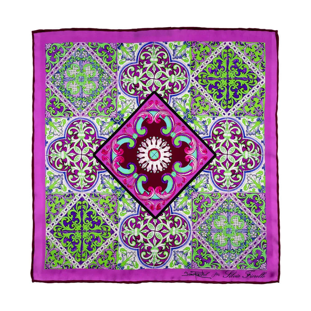 The Majolica of Taormina Green and Purple Silk Pocket Square