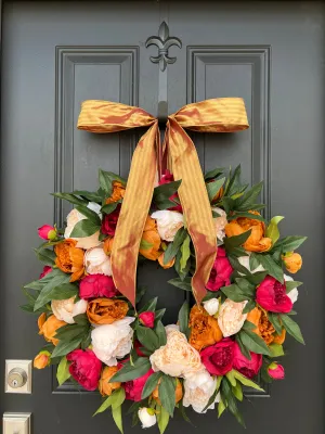 Warm Ember Peony Wreath with Ribbon