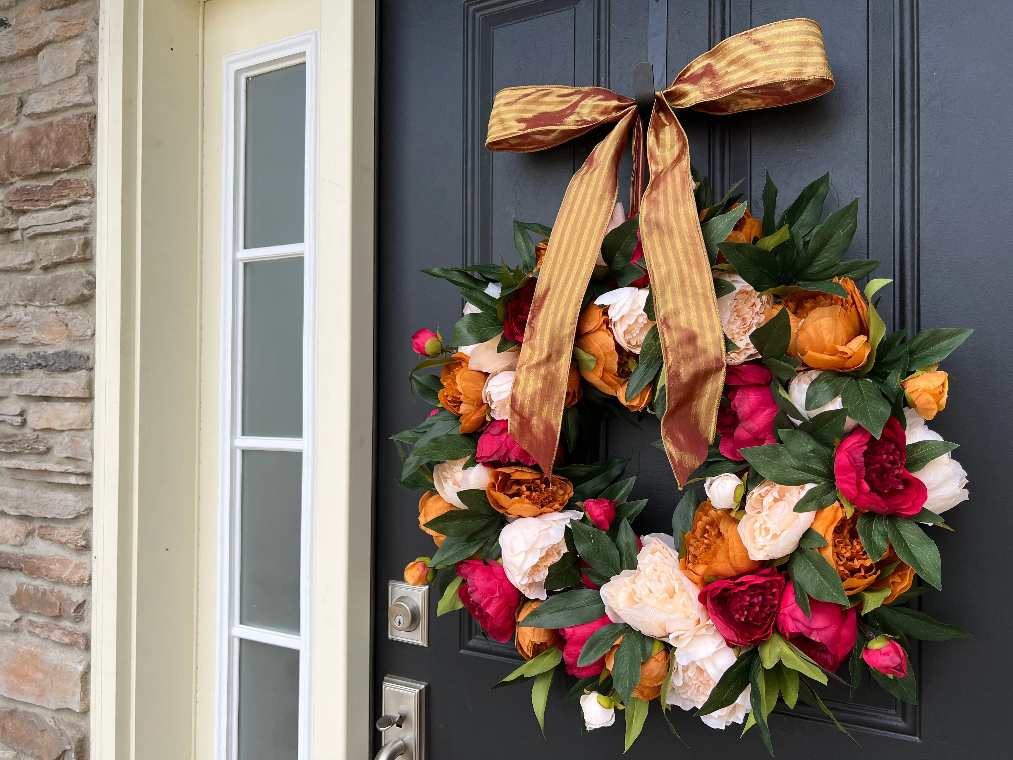 Warm Ember Peony Wreath with Ribbon