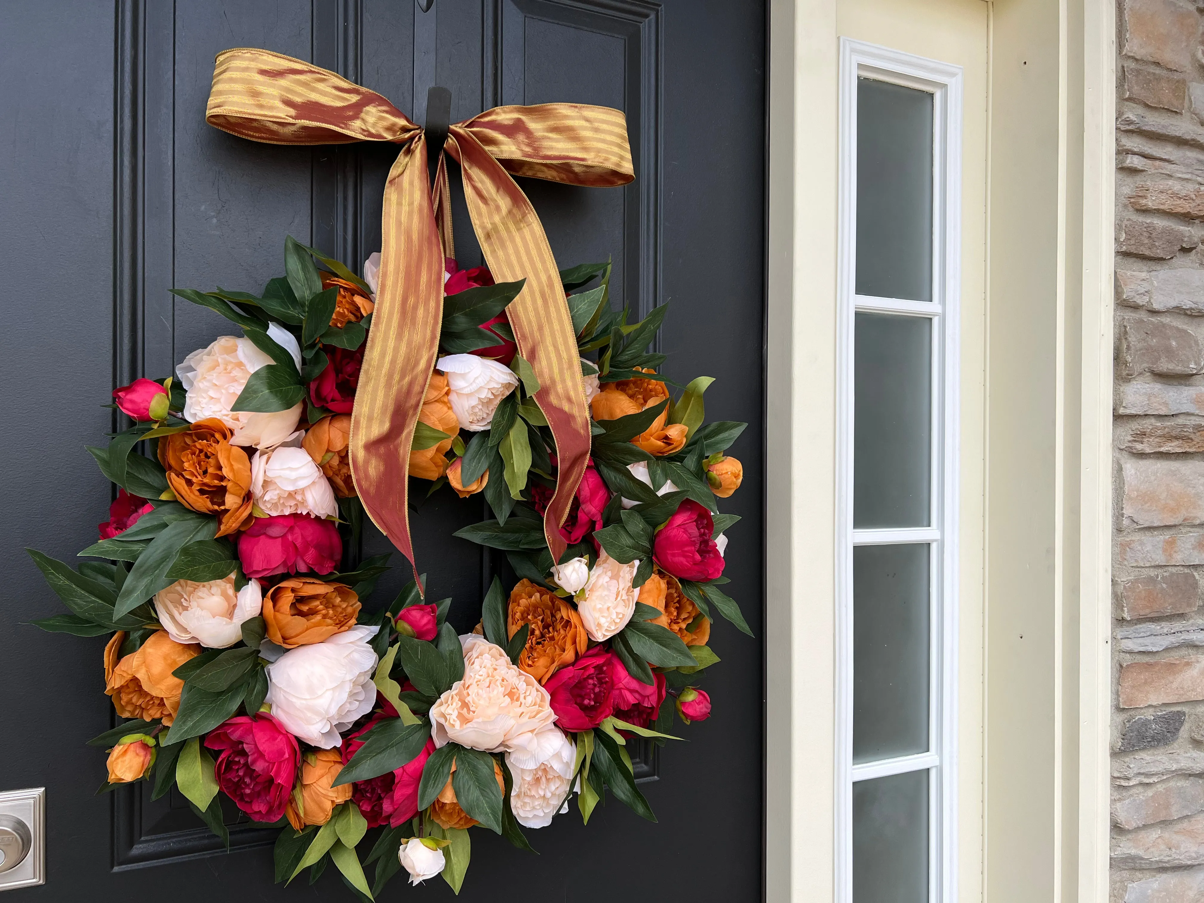 Warm Ember Peony Wreath with Ribbon