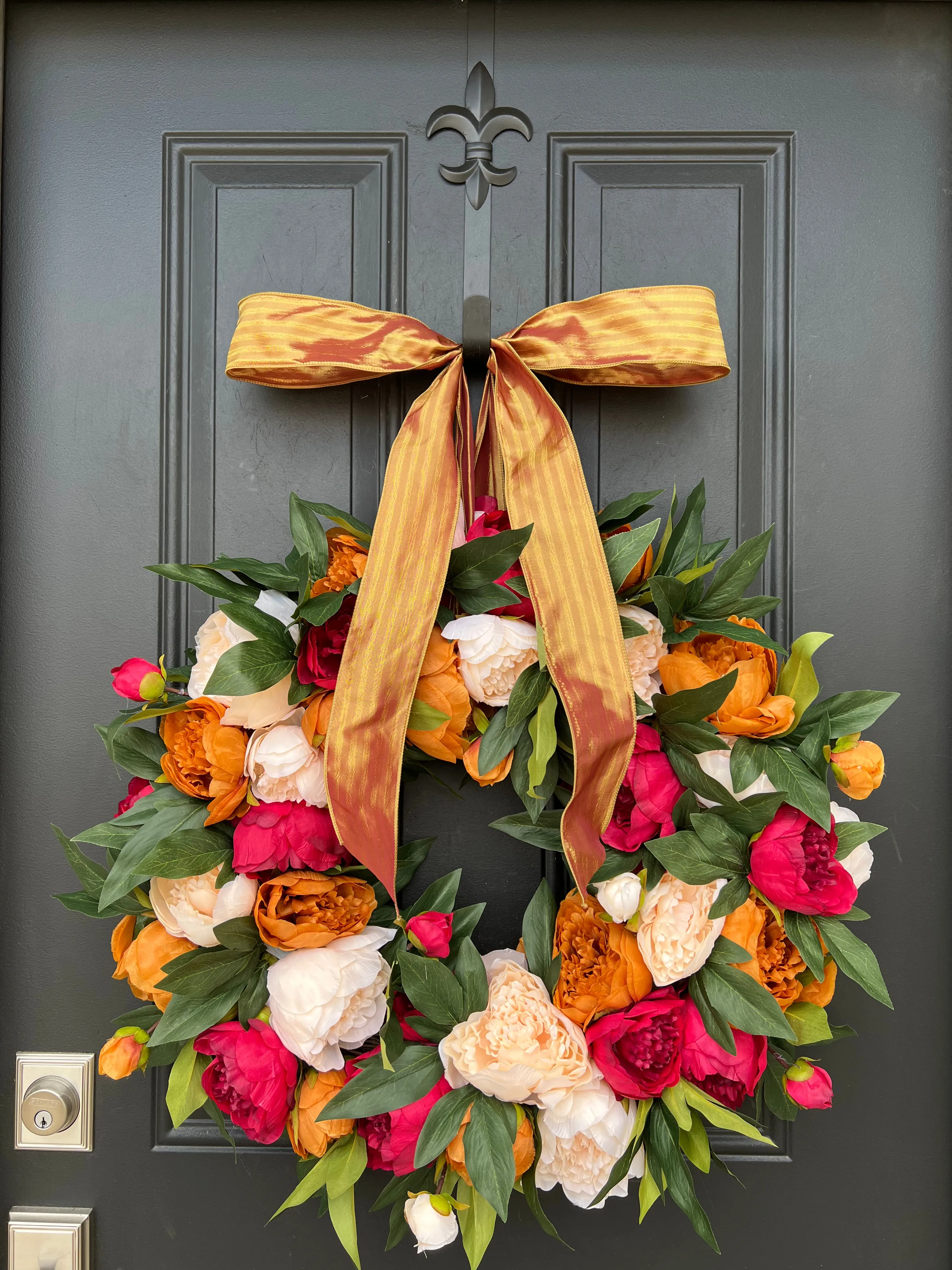 Warm Ember Peony Wreath with Ribbon