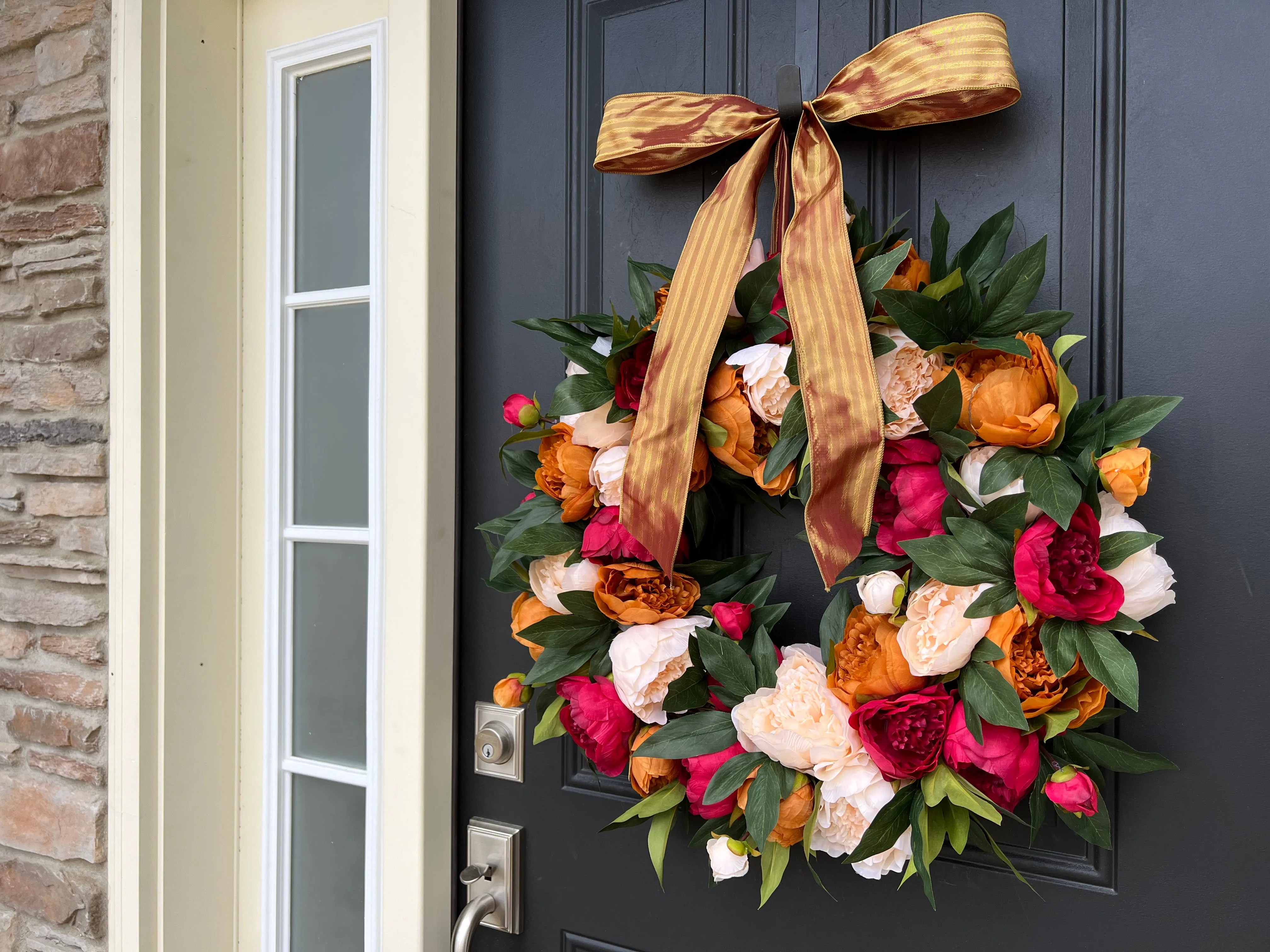 Warm Ember Peony Wreath with Ribbon