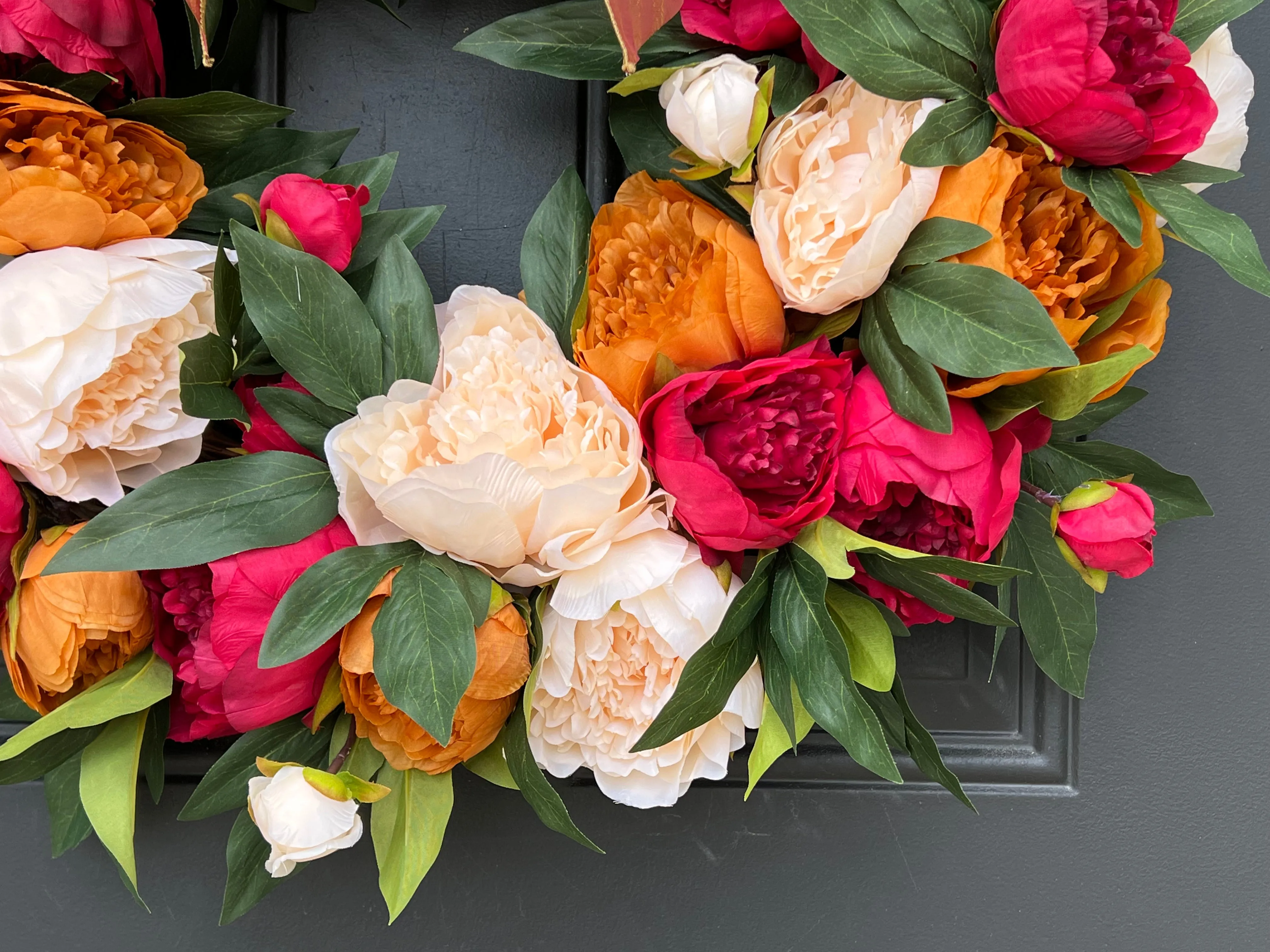 Warm Ember Peony Wreath with Ribbon