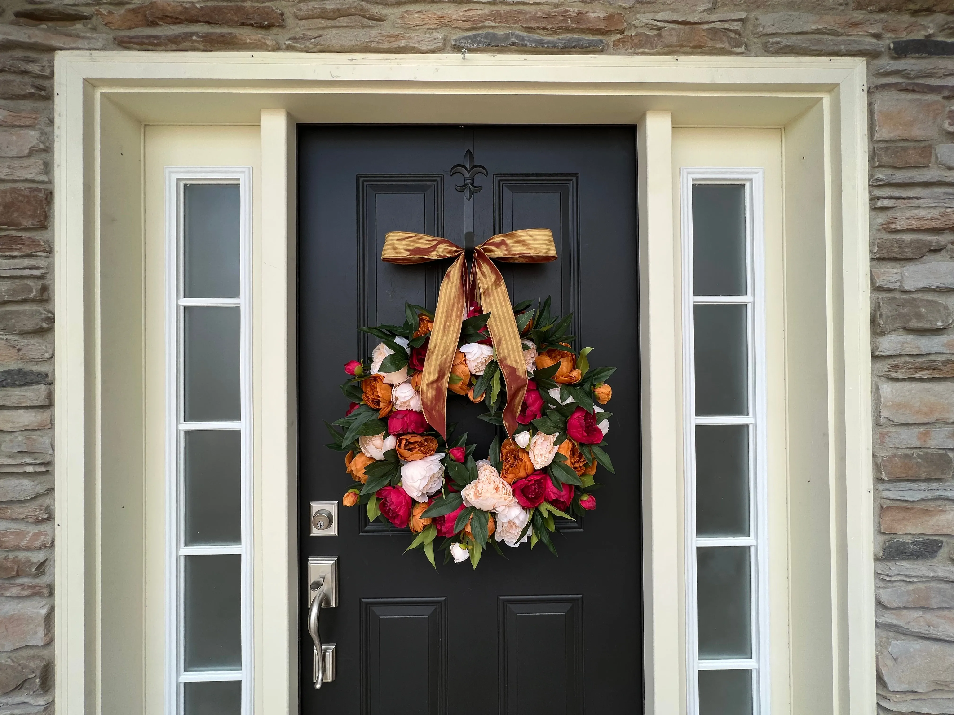 Warm Ember Peony Wreath with Ribbon