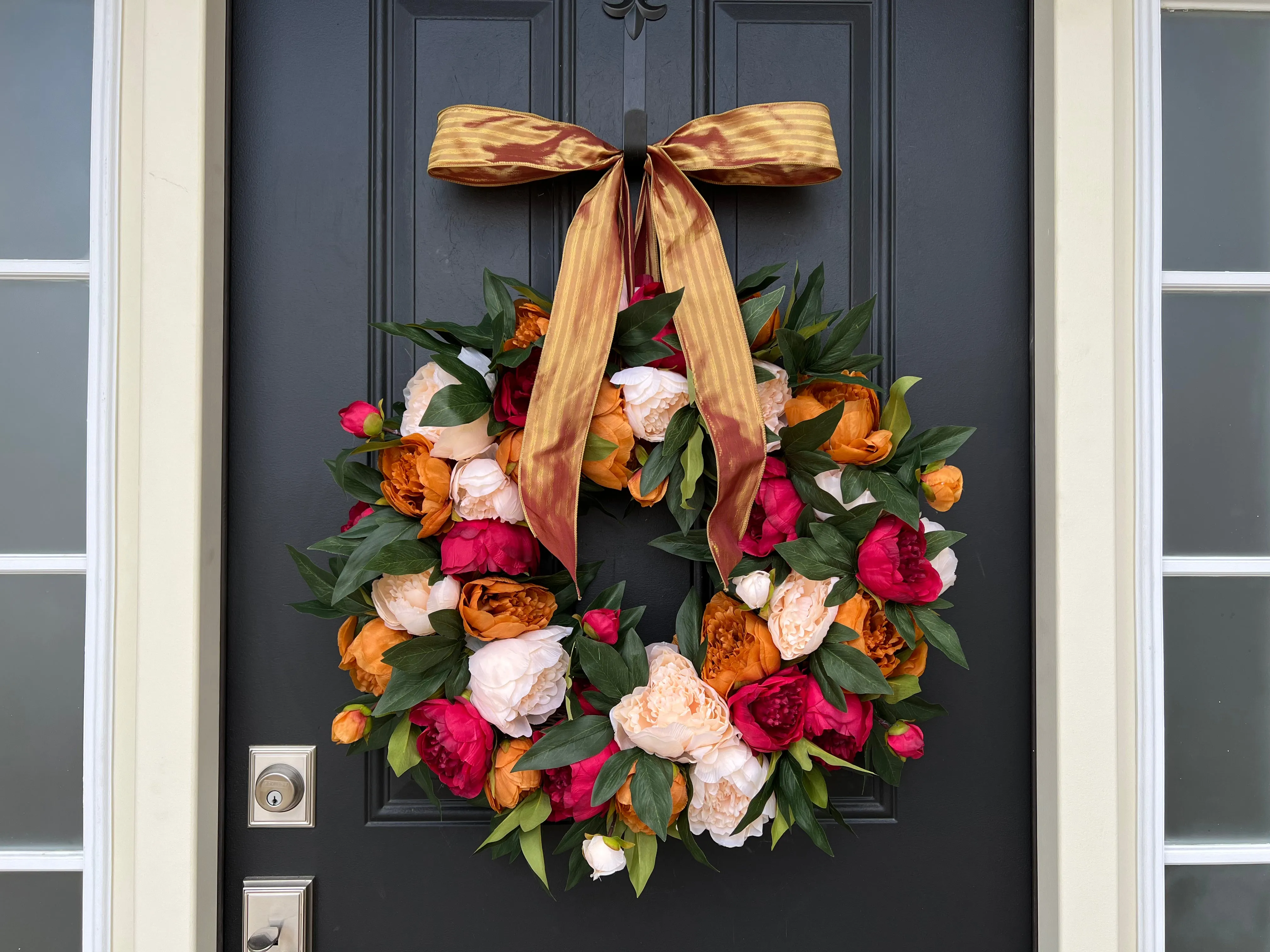 Warm Ember Peony Wreath with Ribbon