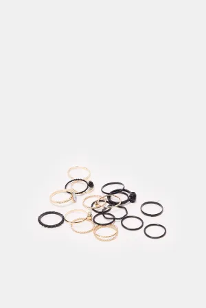 Women Gold And Black Embellished Ring Set (20 Piece)